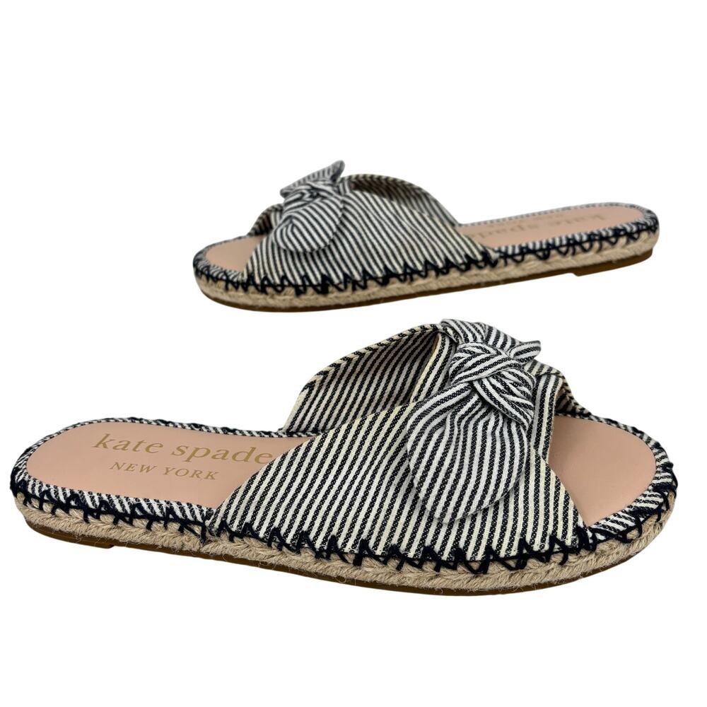 Kate Spade Slide Sandals Size 8 Blue Stripe Saltie Shore Espadrille Flat Bow - Picture 1 of 13